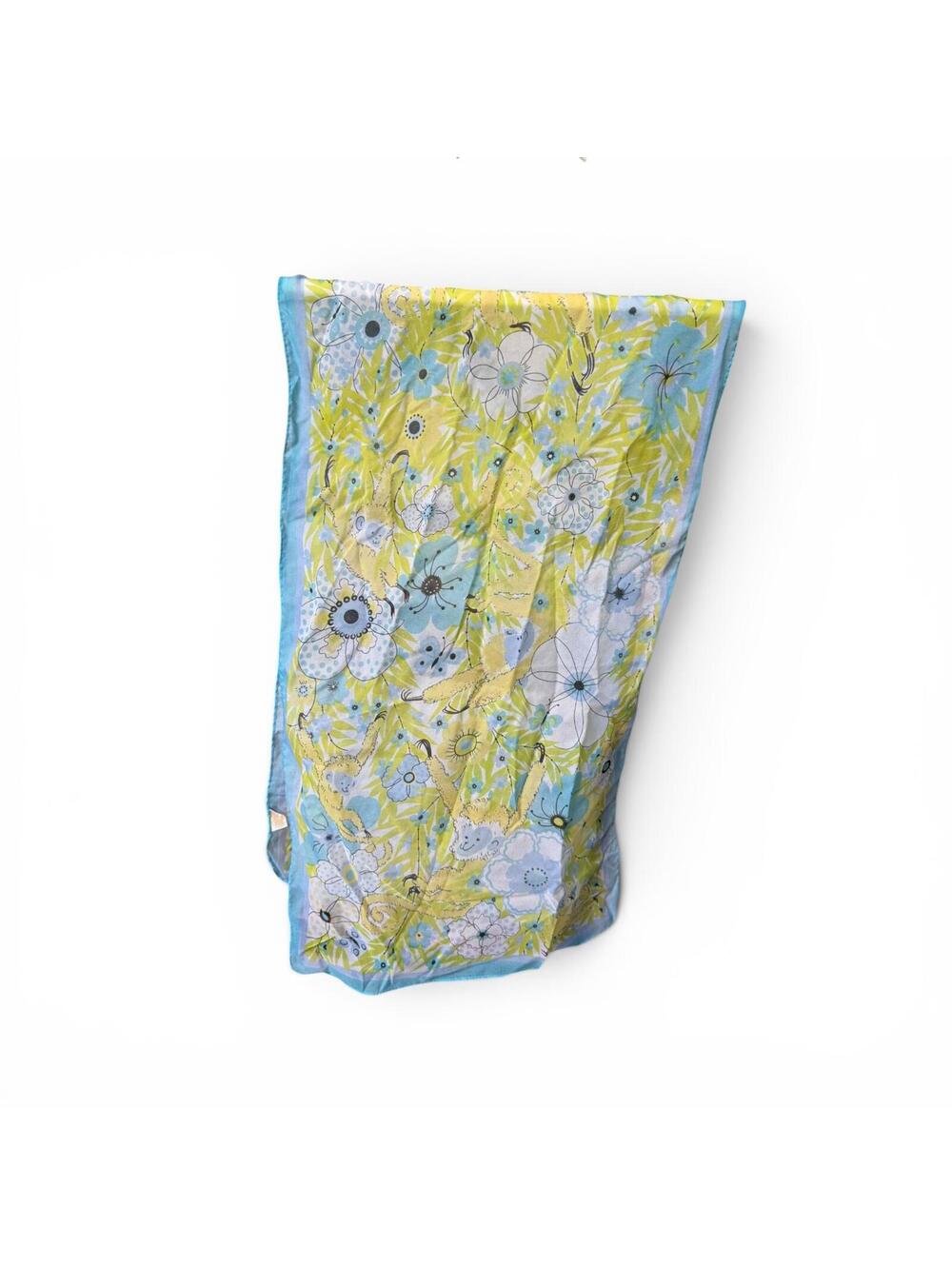 Vintage Glentex Nylon Sheer Scarf Made In Japan Summer Floral Green Blue EUC